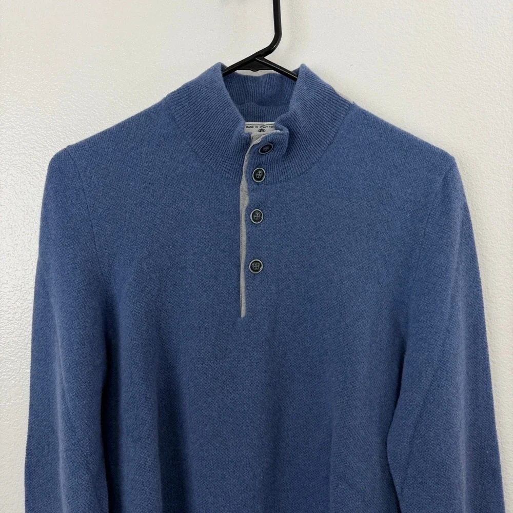 Carroll & Co Sweater Mens Blue Wool Cashmere Quarter Button Elbow Patches